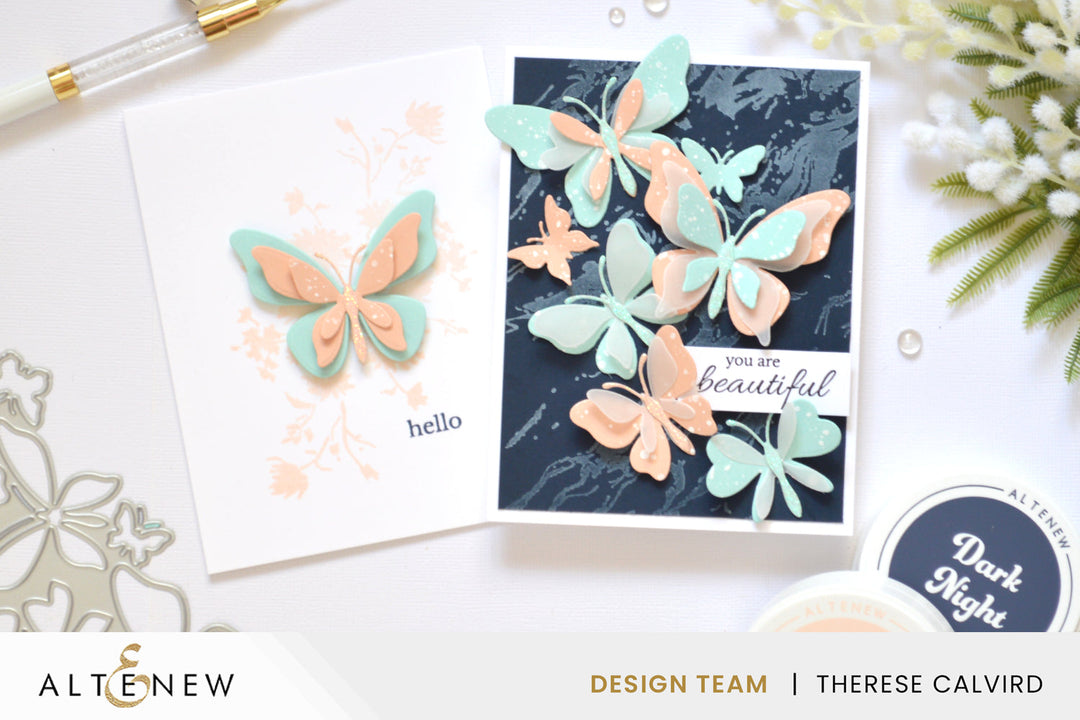 Two butterfly die cut card ideas with layered and clean designs by Therese Calvird