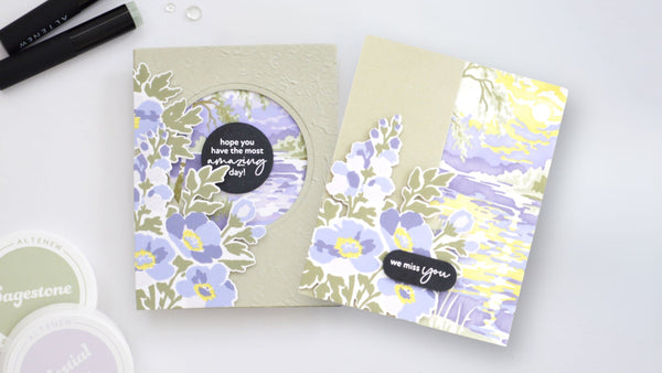 Two fun fold floral cards featuring a circle window trifold and Z-fold design in soft sage green and purple.