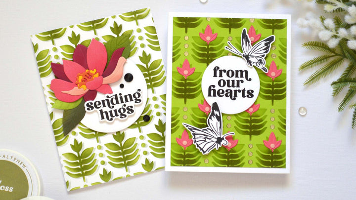 Two cards showing multi-ink layered backgrounds using a leaf stencils using two techniques - Therese Calvird