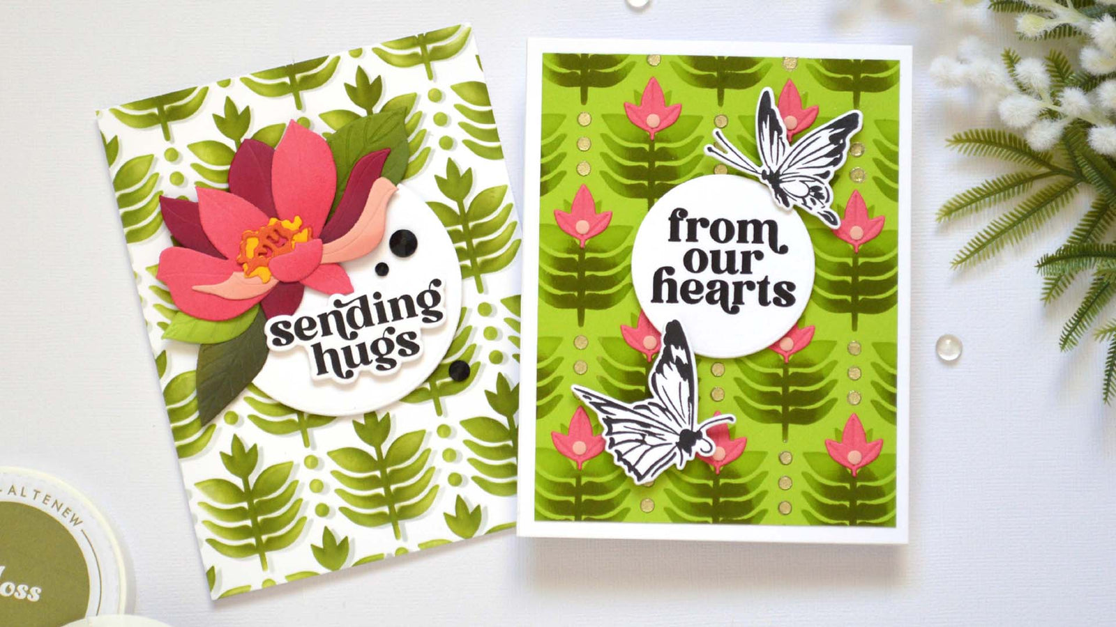Two cards showing multi-ink layered backgrounds using a leaf stencils using two techniques - Therese Calvird