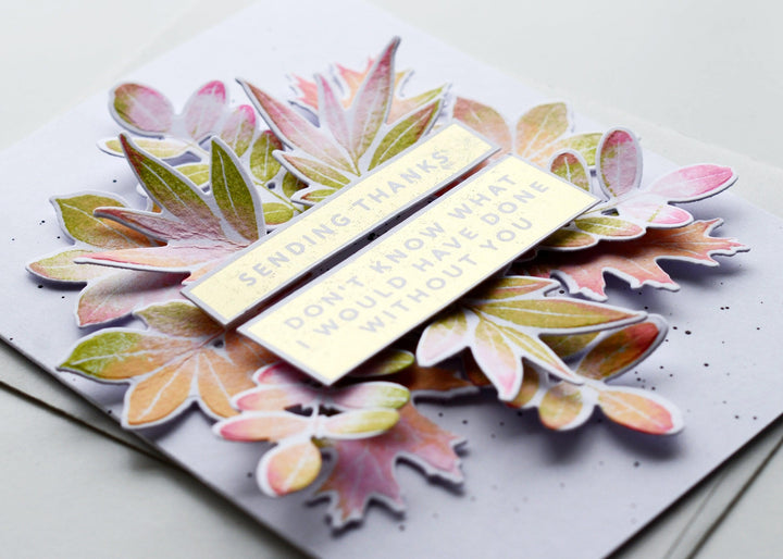 Hot foiled gratitude sentiment made with Altenew One-Go Sentiment Strips 3 and Brass Satin Foil