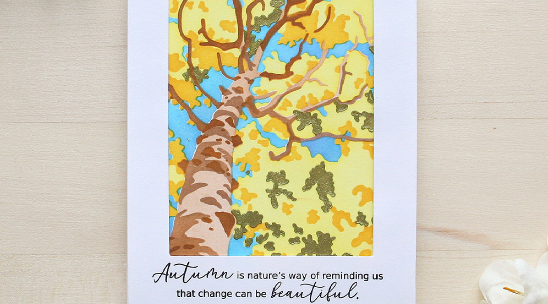 Simple handmade autumn card idea with a stenciled tree with a white frame and a stamped sentiment