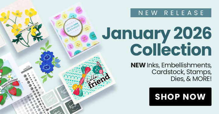 A digitally made banner promoting Altenew's January 2026 Release showing two handmade cards, the new watercolor compact and the Petal Shaper Tool.