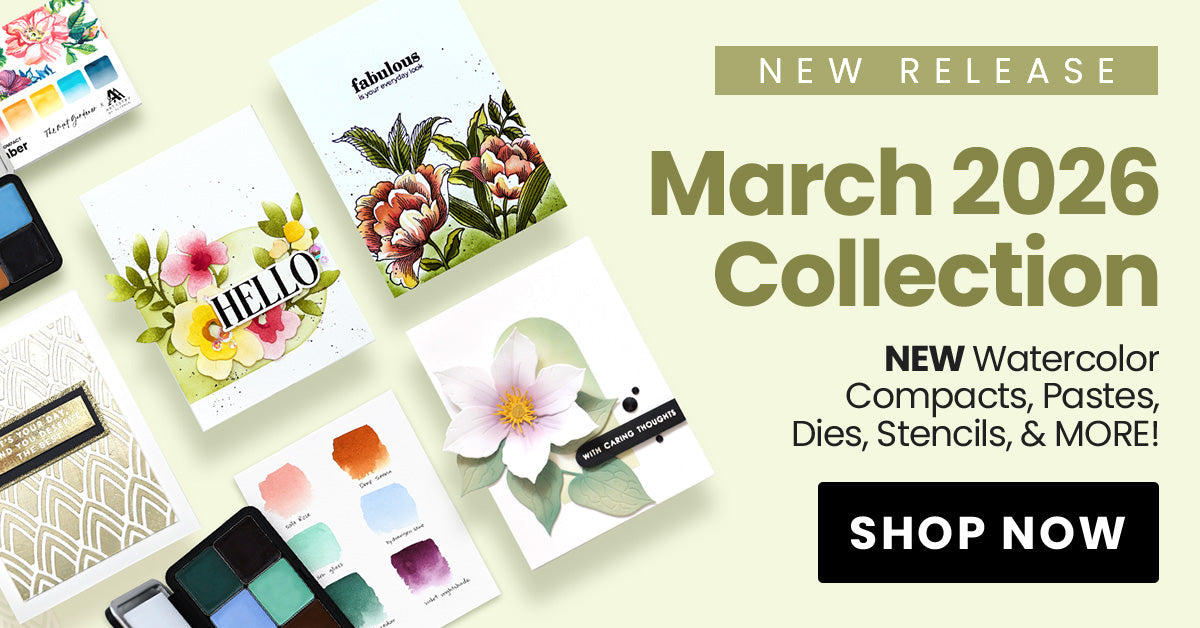 A digitally made banner promoting Altenew's March 2026 Release showing two handmade cards, the new watercolor compact and the Petal Shaper Tool.