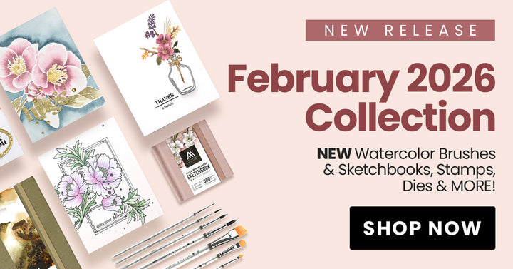A digitally made banner promoting Altenew's February 2026 Release showing two handmade cards, the new watercolor compact and the Petal Shaper Tool.