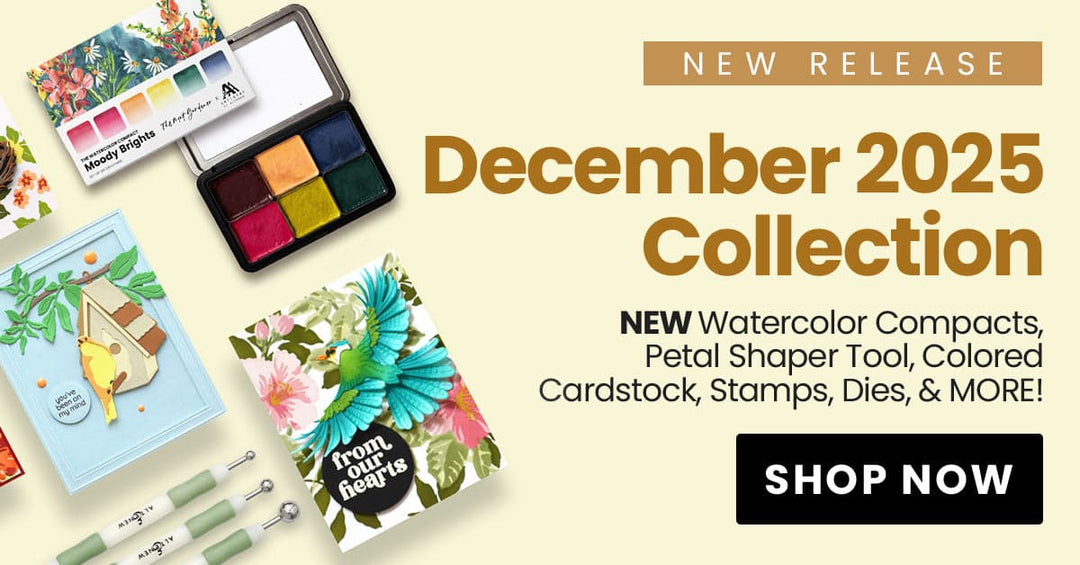 A digitally made banner promoting Altenew's December 2025 Release showing two handmade cards, the new watercolor compact and the Petal Shaper Tool.