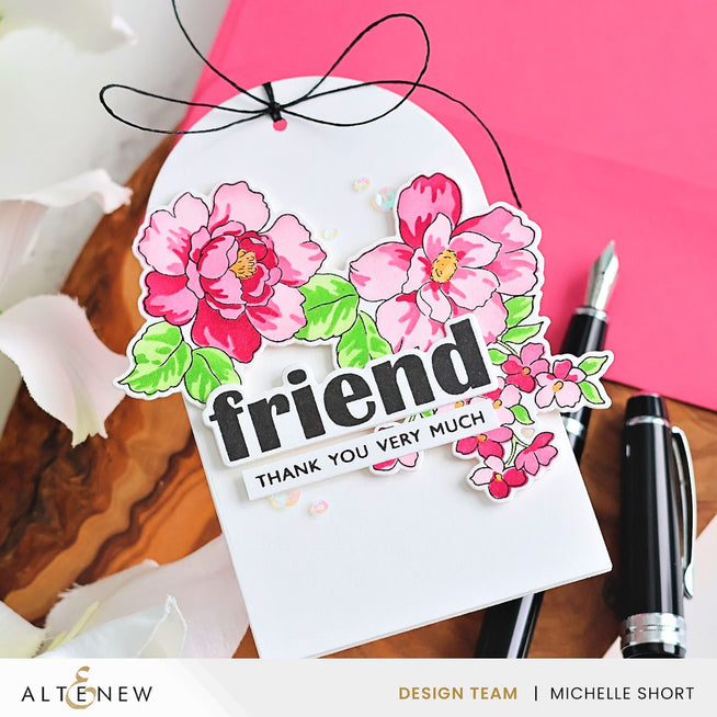 Altenew arched sentiments stamp and die bundle featuring friendship flowers, cherry blossoms, and sunset designs.