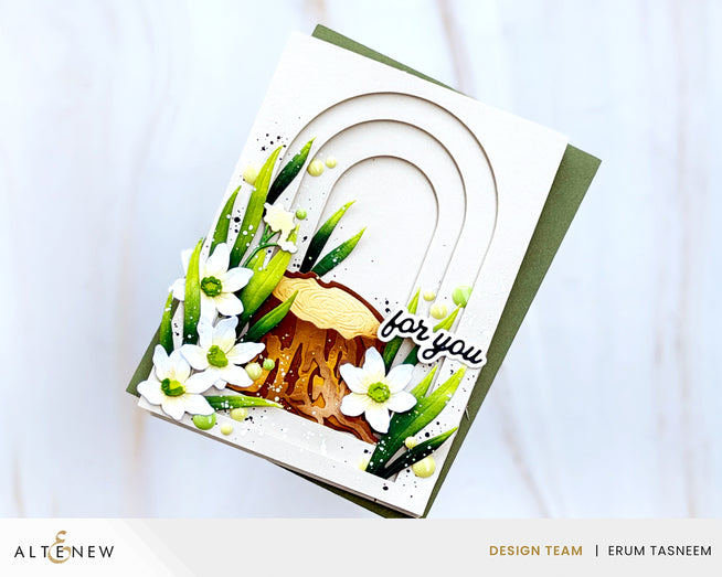 Altenew Arched Sentiments Stamp & Die Bundle with wood-inspired nesting arch designs on a white background