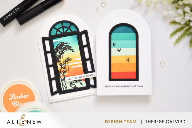 Altenew Arched Sentiments Stamp and Die Bundle featuring nesting arch designs on white paper with a floral background.