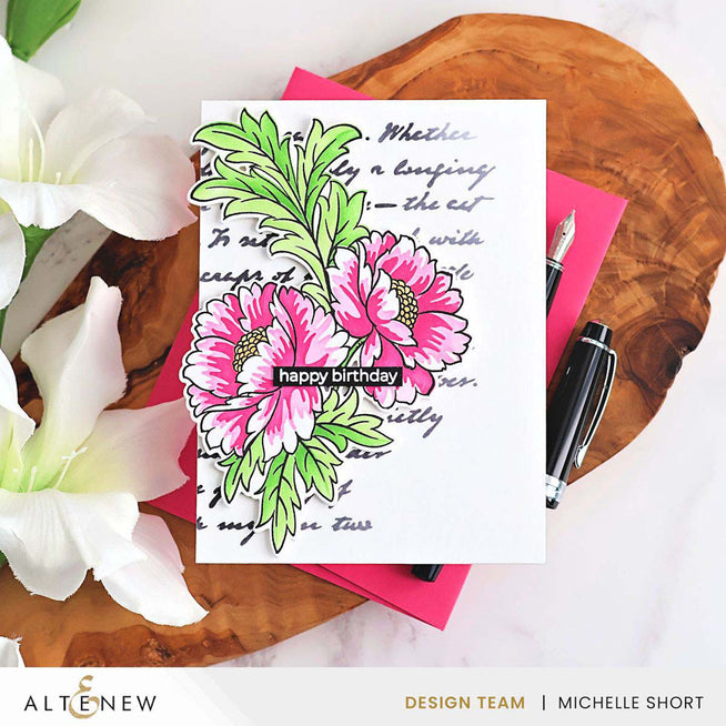 Altenew Paper Echoes Stencil with floral and script designs, featuring green, black, and colorful ink accents on paper.