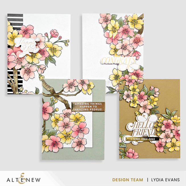 Altenew Sakura Blossoms stamp, stencil, and embossing folder bundle with detailed cherry blossom designs on white paper.