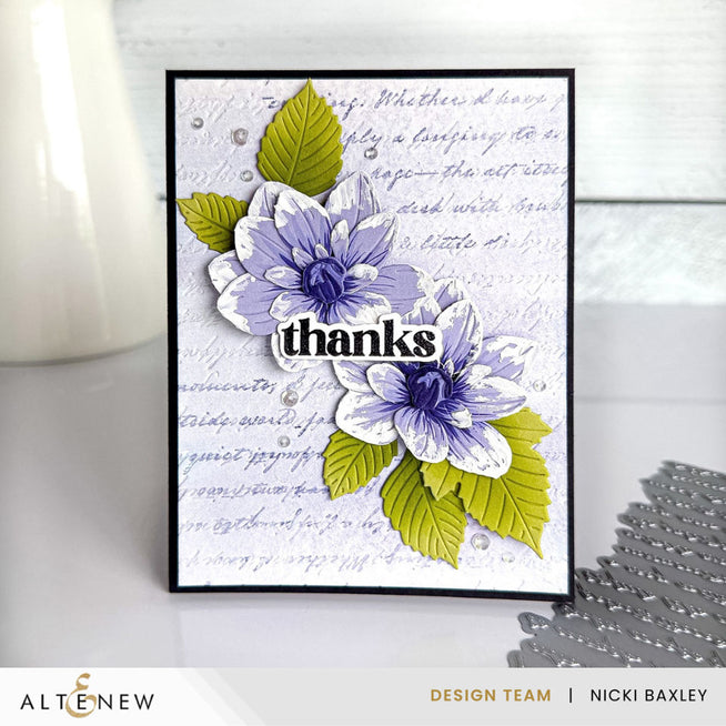 Betterpress Making Moments Altenew press plate featuring a detailed Grand Dahlia design in Glacier Iris and white relief paste.