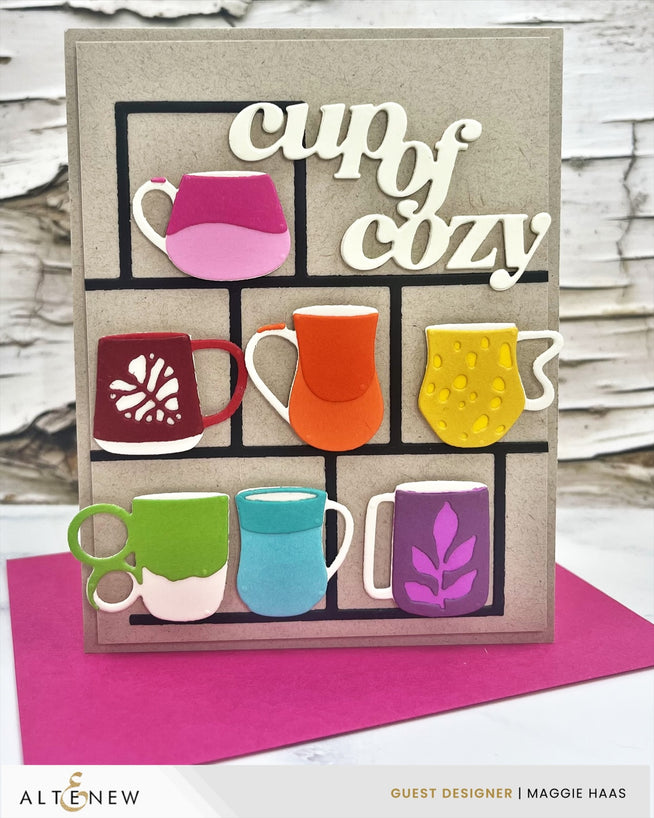 Altenew My Favorite Mugs Layering Die Set showing intricately designed die cuts for mug and sentiment crafting.
