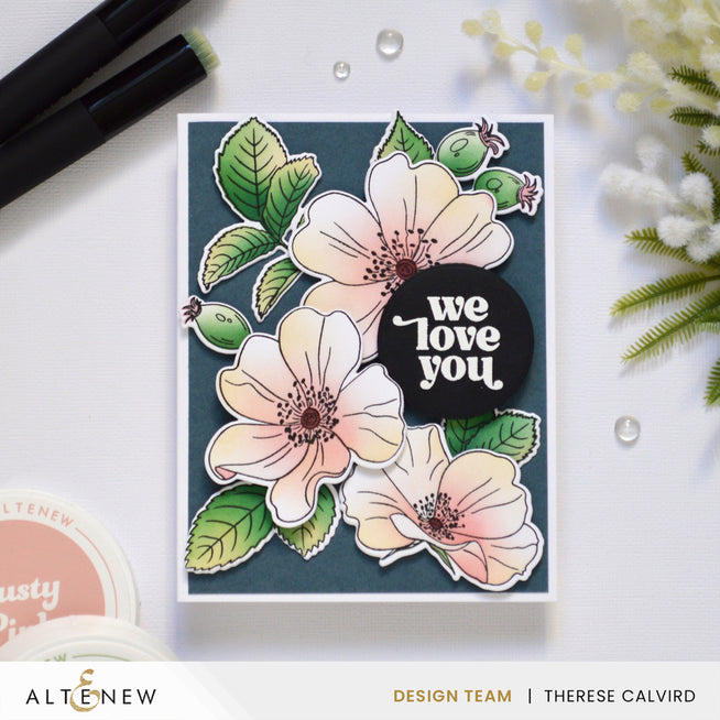 Altenew One-Go Briar Blossoms stamp, die, stencil, and embossing folder with nesting circles and classic greeting design, floral theme