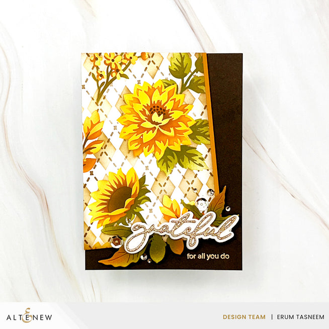 Altenew stencil and die bundle featuring botanical argyle and harvest bouquet designs on white paper.