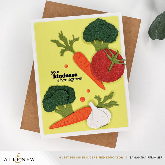 Altenew Rooting for You clear stamp set featuring vegetable and gardening-themed designs for crafting and card making.