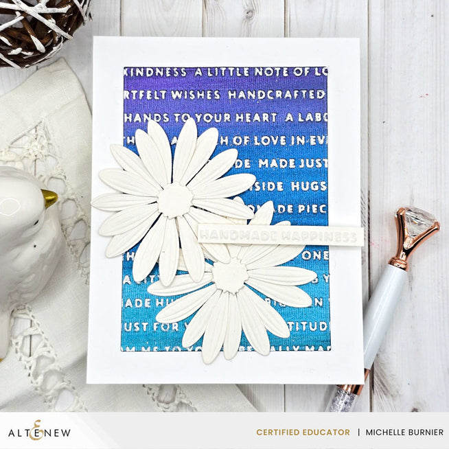 Handmade Happiness 3D embossing folder by Altenew, showing intricate floral design in a close-up image.