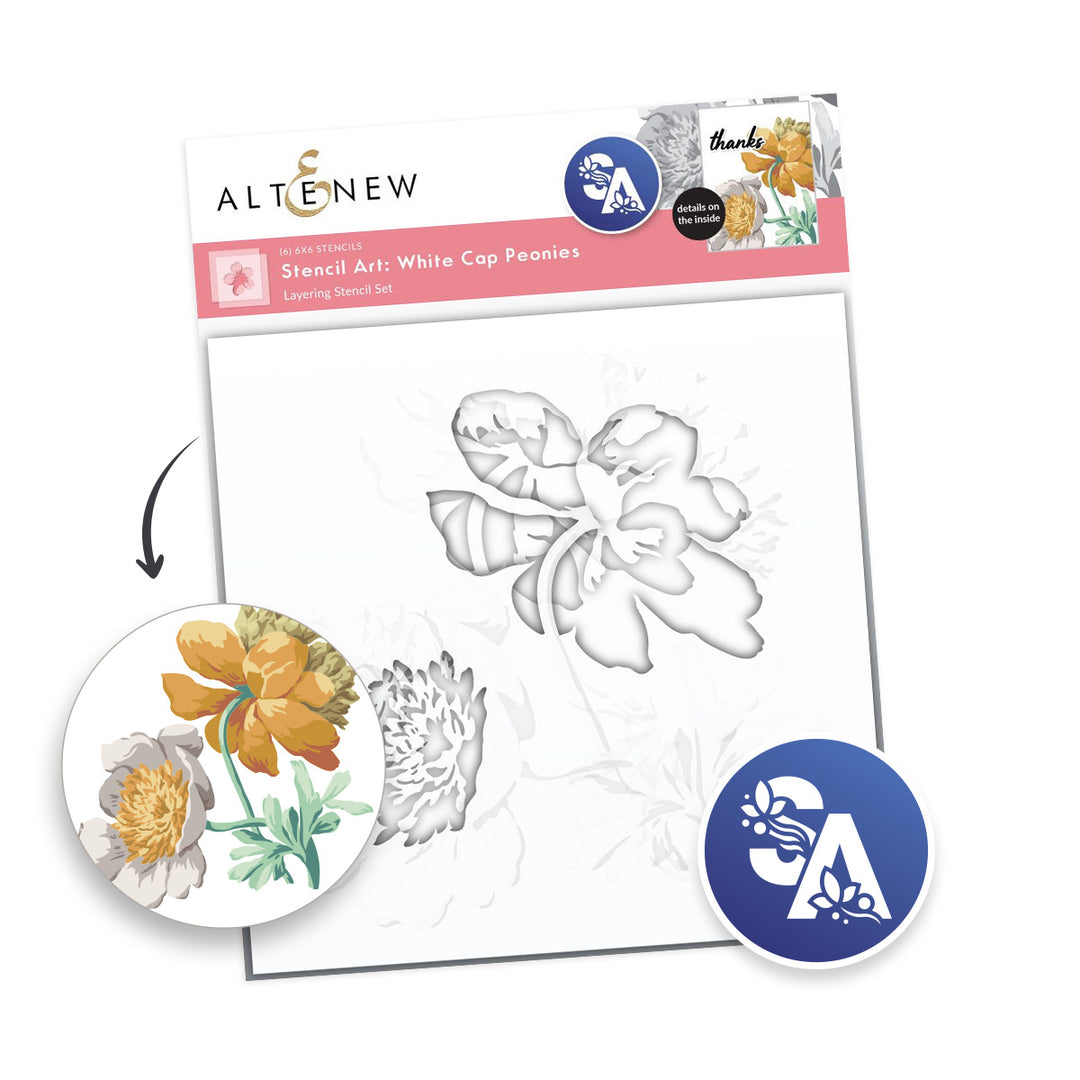 Stencil Art: White Cap Peonies Layering Stencil Set (6 in 1) - Altenew