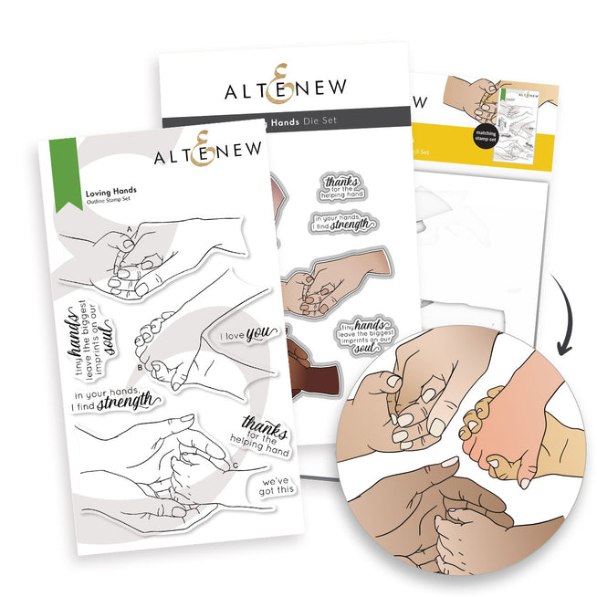 Altenew Loving Hands stamp, die, and stencil bundle featuring detailed hand illustrations and coordinating crafting tools.