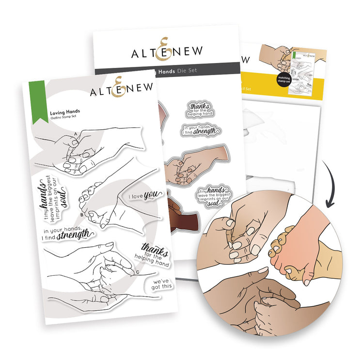 Altenew Loving Hands stamp, die, and stencil bundle featuring detailed hand illustrations and coordinating crafting tools.