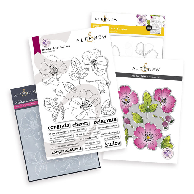 Altenew One-Go Briar Blossoms stamp, die, stencil, and embossing folder set with floral design on white background.