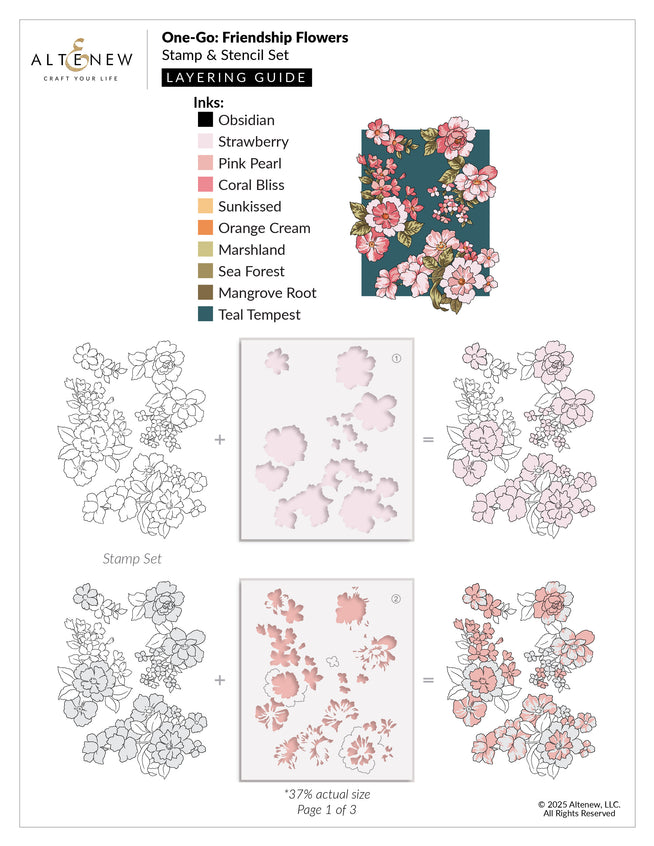 Altenew One-Go Friendship Flowers stamp, die, and stencil bundle with layering guide for creating floral designs.