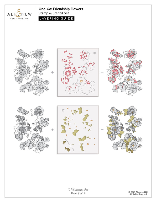 Altenew One-Go Friendship Flowers stamp, die, and stencil bundle with layered floral designs and guide for crafting projects.