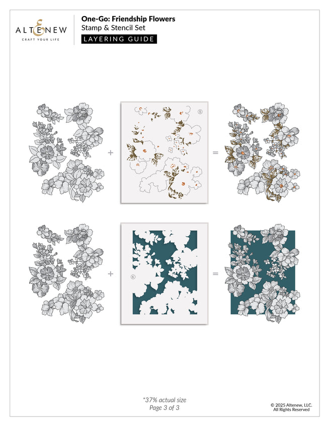 Altenew One-Go Friendship Flowers stamp, die, and stencil bundle with layering guide for floral card making.