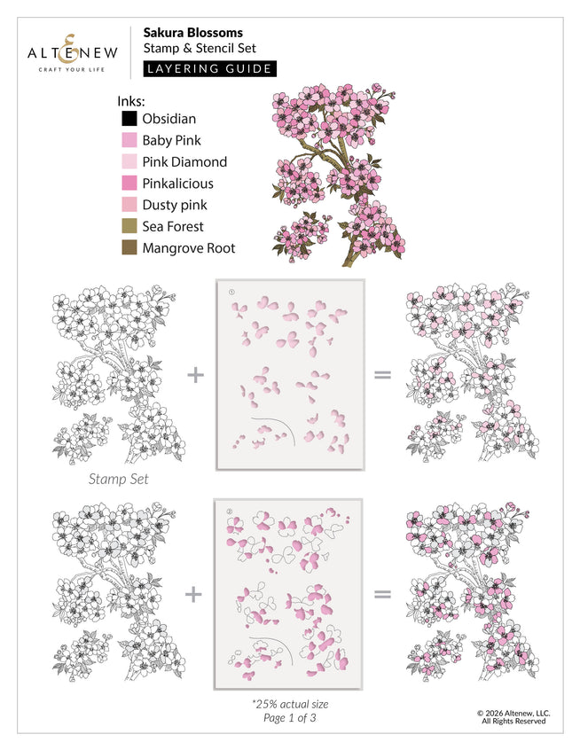 Altenew Sakura Blossoms stamp, stencil, and embossing folder bundle with colorful floral designs and layering guide for crafting.