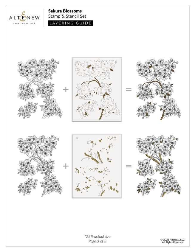 Altenew Sakura Blossoms stamp, stencil, and embossing folder bundle with colorful floral designs and layering guide for crafting.
