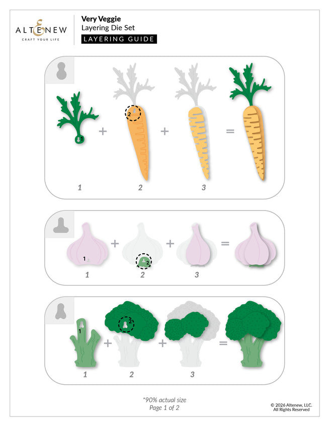 Altenew Very Veggie Layering Die Set with layering guide for creating detailed vegetable-themed paper craft embellishments.