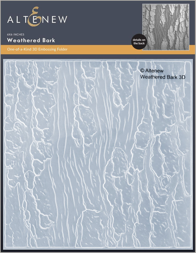 Weathered Bark 3D embossing folder by Altenew, showing textured bark pattern for creative paper crafting and card making.