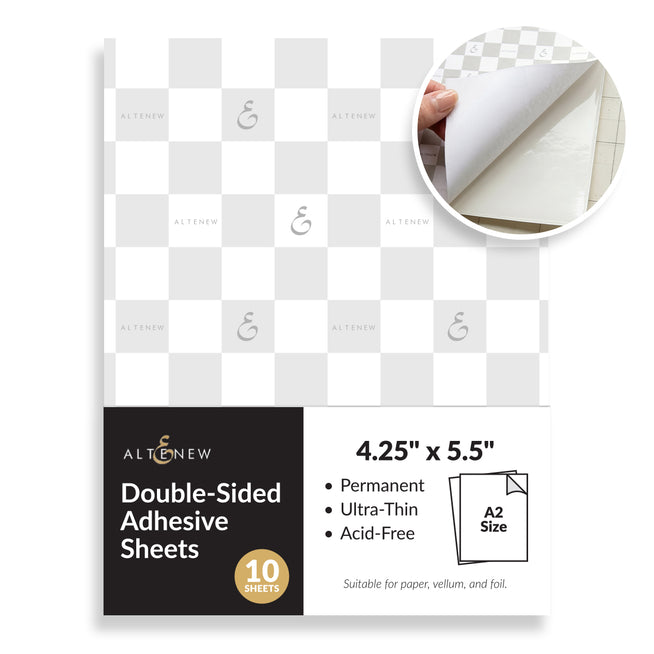 Altenew double-sided adhesive sheets, 4.25 x 5.5 inches, 10 sheets per set, ideal for craft and scrapbooking projects.