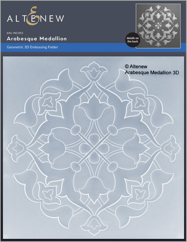 Altenew Arabesque Medallion 3D embossing folder, stencil, and die bundle with intricate medallion pattern for paper crafting projects.