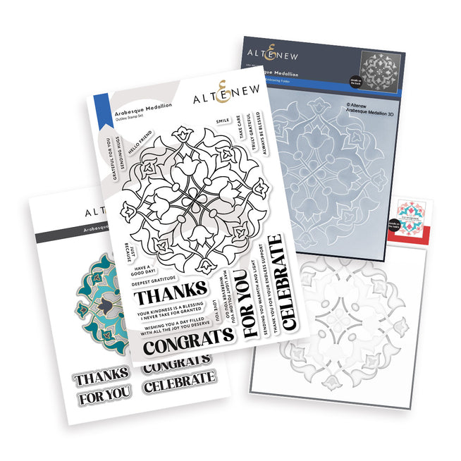 Altenew Arabesque Medallion stencil, die, and embossing folder bundle featuring intricate geometric medallion designs for crafting projects.