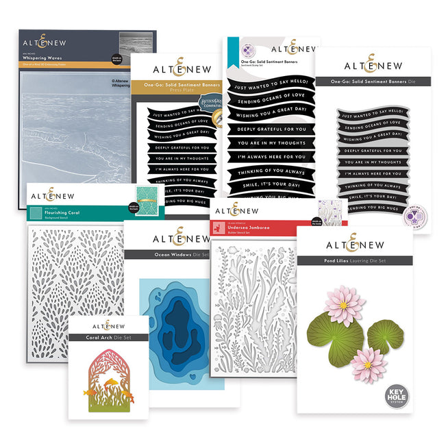Altenew June 2026 Full Release Bundle showing assorted crafting stamps, dies, and accessories arranged together.
