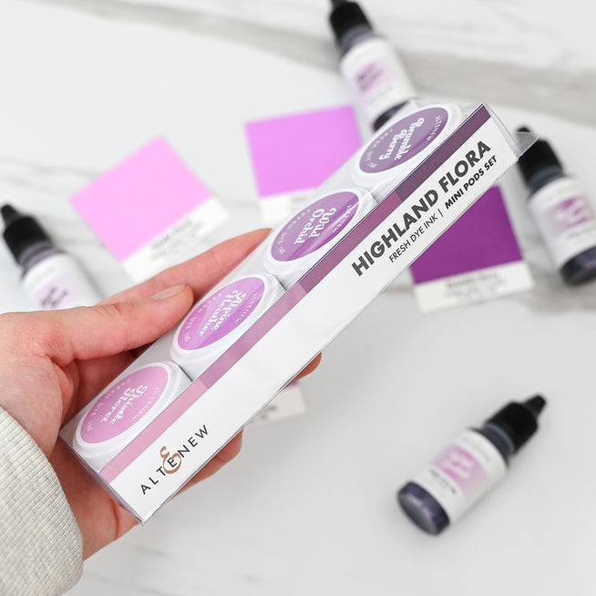 Altenew Highland Flora Fresh Dye Ink Mini Pods label with colorful ink swatches and product details on a white background.