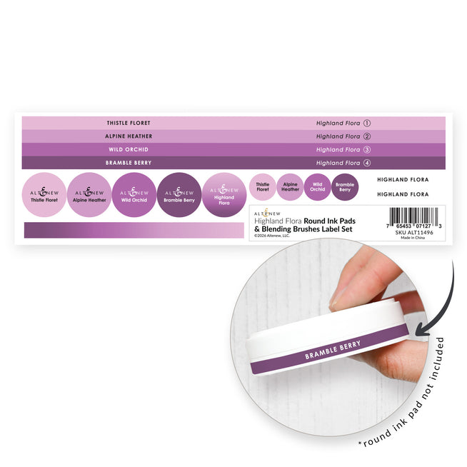 Organizational label set featuring round ink pads and blending brushes with Highland Flora design by Altenew.