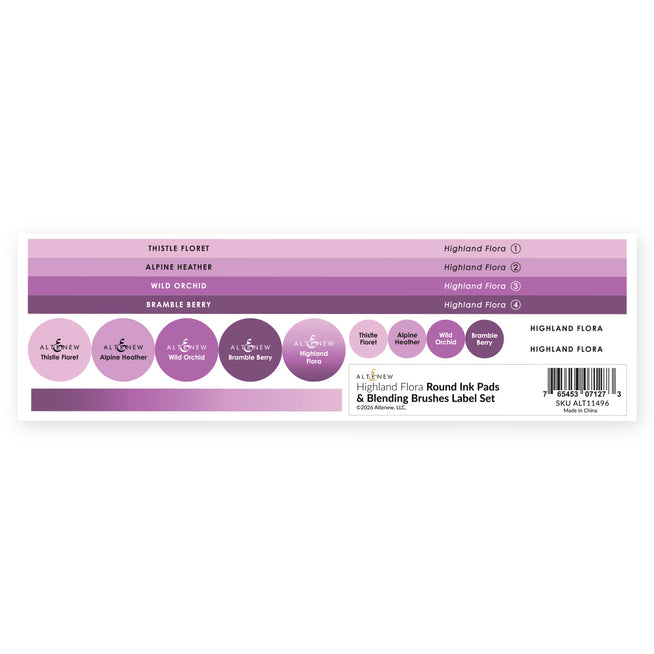 Altenew Highland Flora round ink pads and blending brushes label set for craft organization and stamping projects.