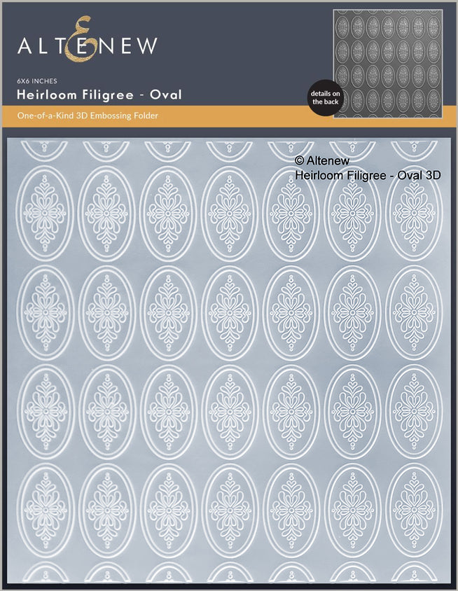 Altenew Heirloom Filigree oval 3D embossing folder with intricate floral and filigree patterns for paper crafting projects.