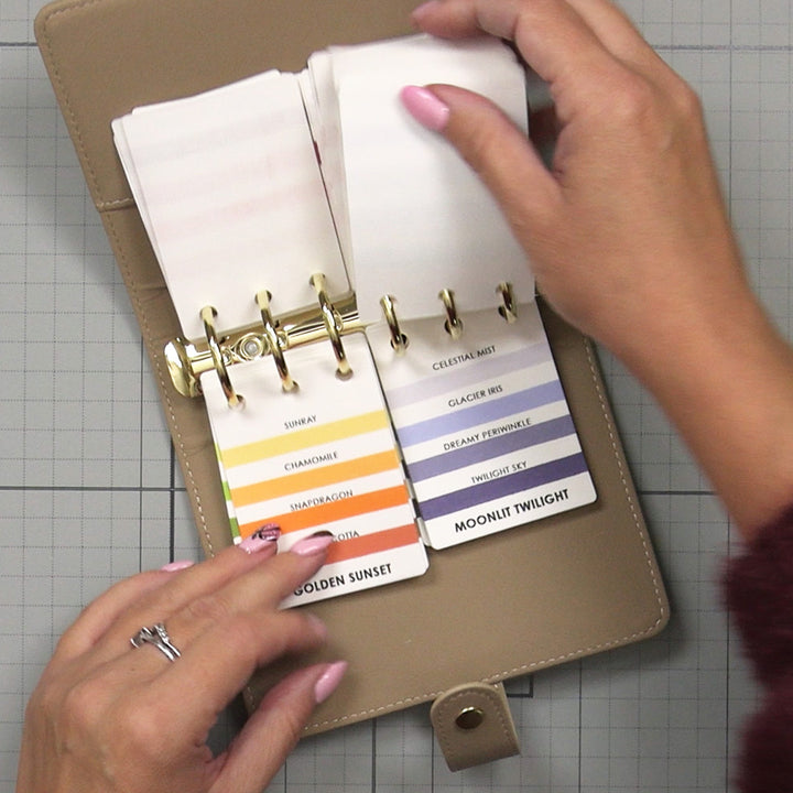 Altenew Swatch Book Album A7 in beige with pages for organizing color samples, compact tool for crafters and artists.