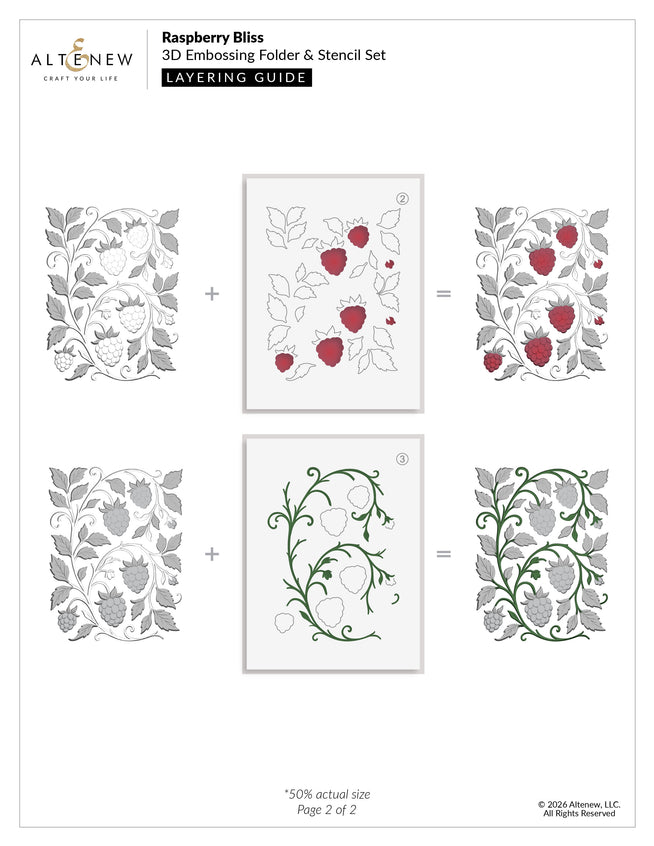 Altenew Raspberry Bliss stencil and embossing folder bundle with coloring and layering guides, featuring intricate raspberry patterns.