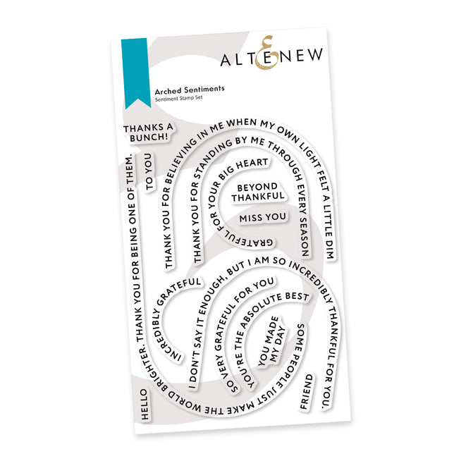 Clear stamps from Altenew Arched Sentiments Stamp Set featuring elegant arched designs on a 4x6 inch sheet.