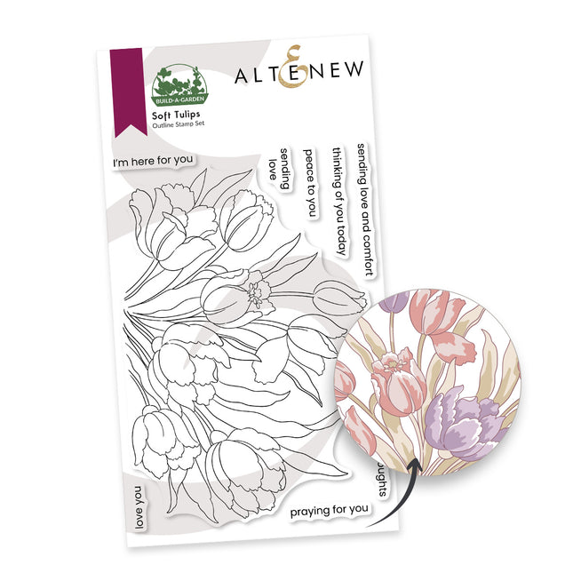 Build-A-Garden Soft Tulips stamp set by Altenew featuring 4x6-inch floral designs for creative crafting and card making.