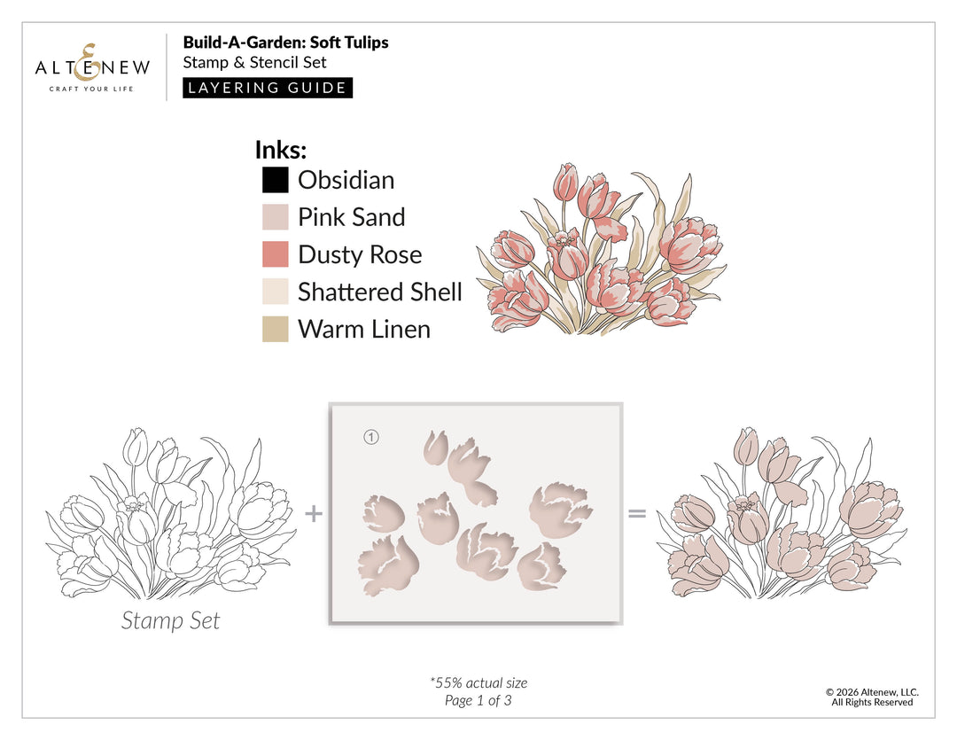 Build-A-Garden Soft Tulips layering stencil and stamp set by Altenew, featuring four pieces with a layering guide for crafting tulip designs.