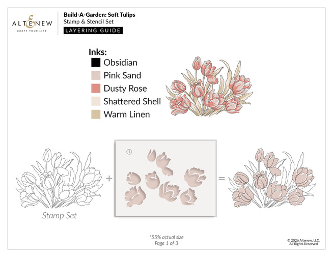 Build-A-Garden Soft Tulips layering stencil and stamp set by Altenew, featuring four pieces with a layering guide for crafting tulip designs.
