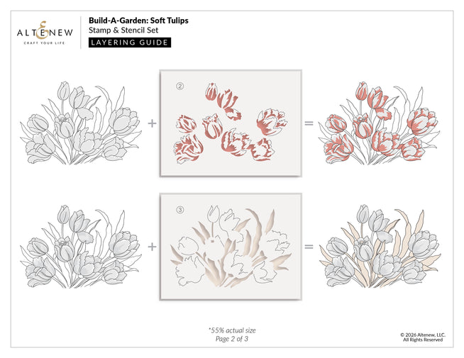 Build-A-Garden Soft Tulips layering stencil and stamp set by Altenew, featuring detailed tulip designs and a layering guide.