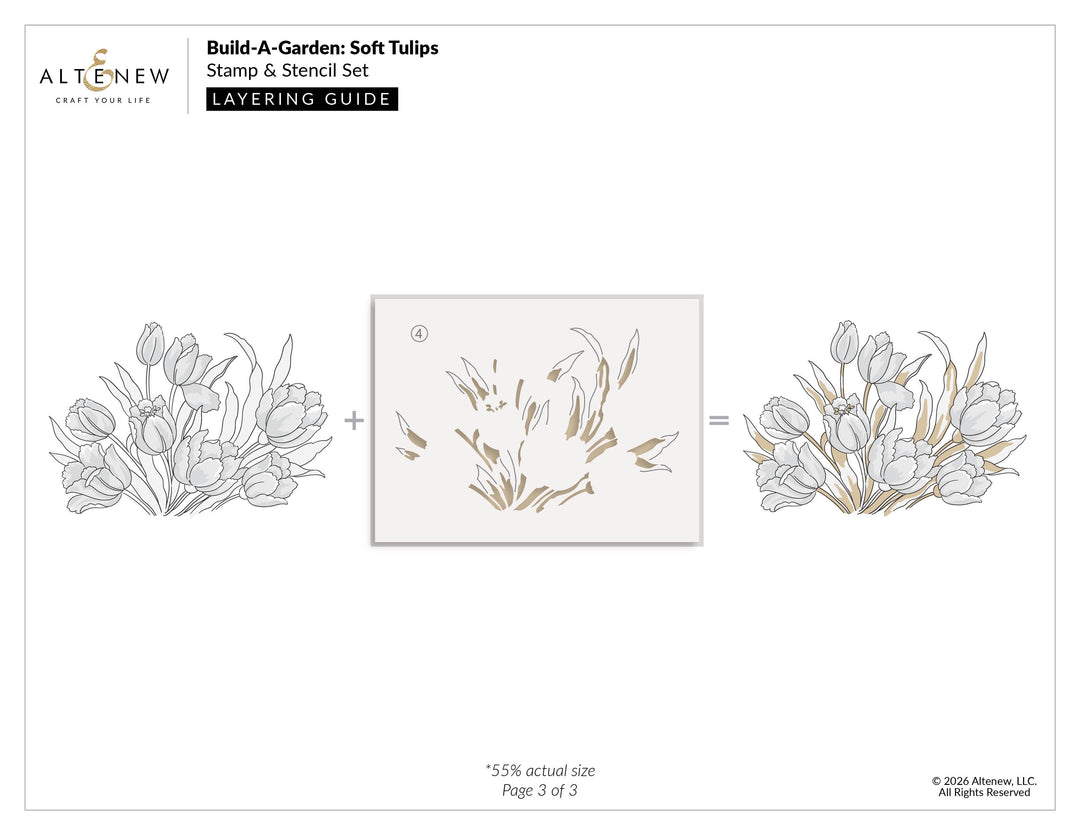 Build-A-Garden Soft Tulips layering stencil and stamp set by Altenew, featuring detailed tulip designs with layering guides.