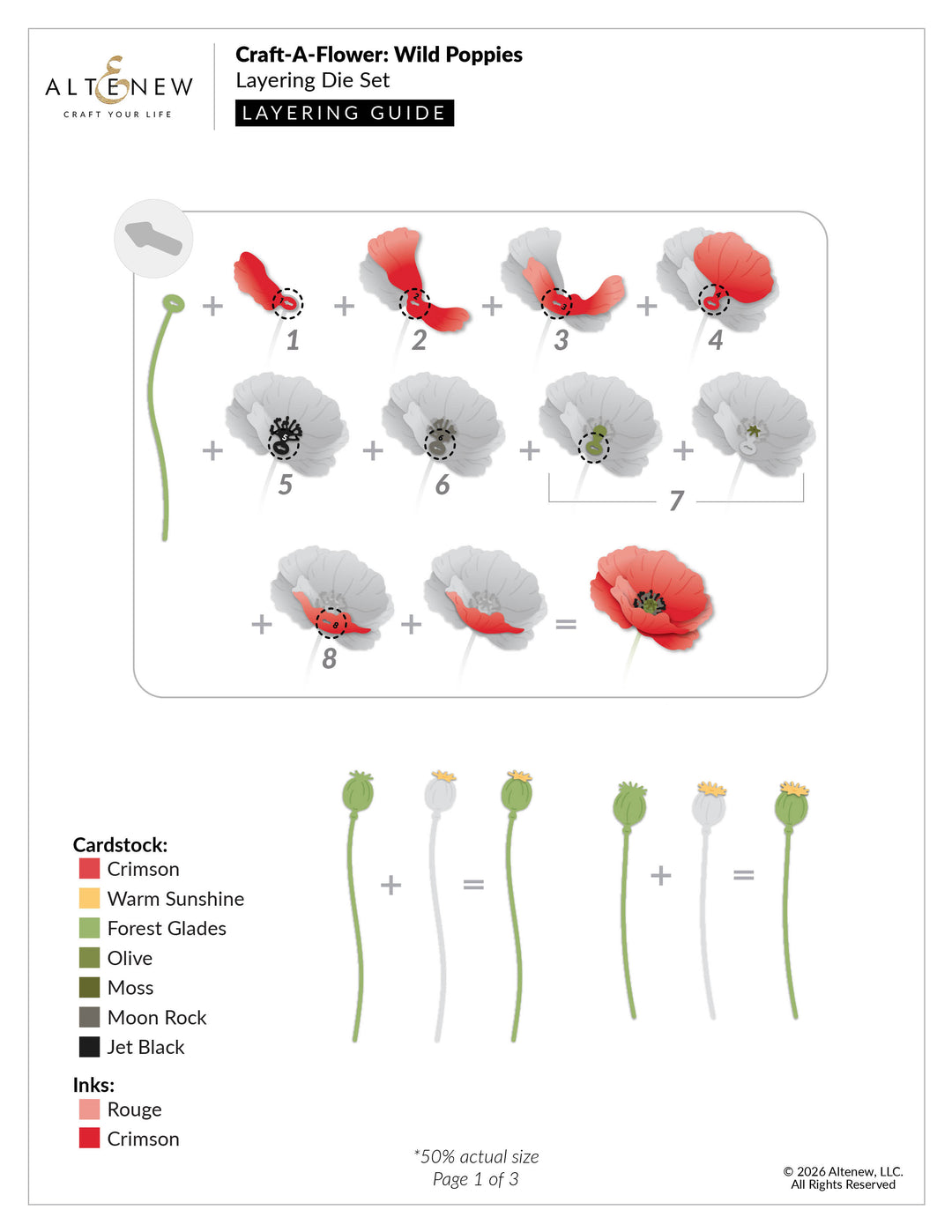 Altenew Craft-A-Flower Wild Poppies layering die set with guide sheet for creating detailed floral designs