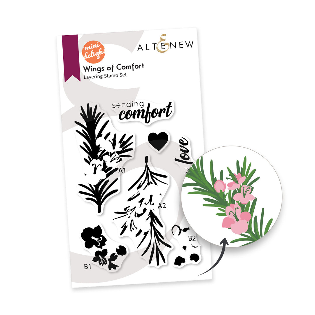 Mini Delight Wings of Comfort stamp and layering die set by Altenew, featuring intricate wing and floral designs for card making.
